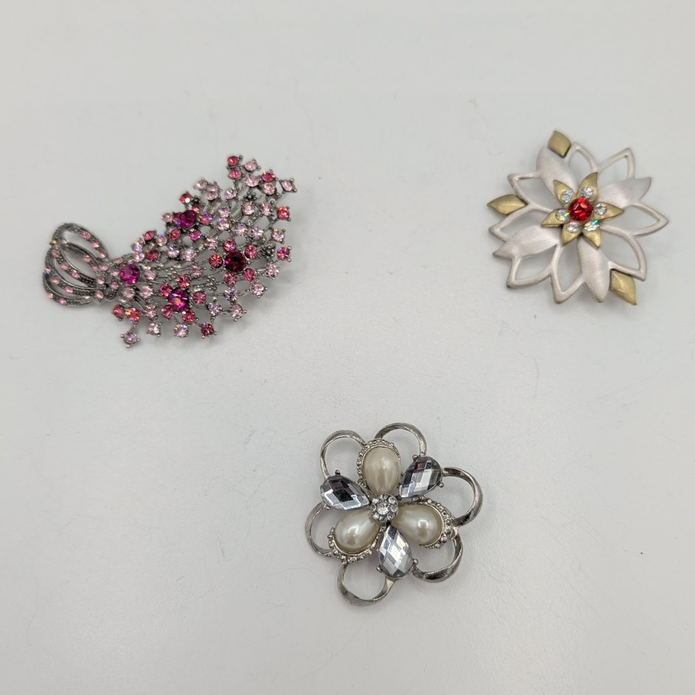Spring Vintage Brooch‎ Lot 3 Silver Tone Pink Rhinestone Pearl Floral Pin READ
